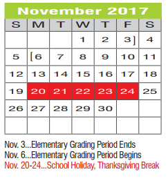 District School Academic Calendar for Regional Day Sch Deaf for November 2017