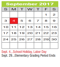 District School Academic Calendar for Denton Co J J A E P for September 2017