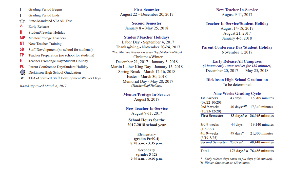 District School Academic Calendar Key for San Leon Elementary