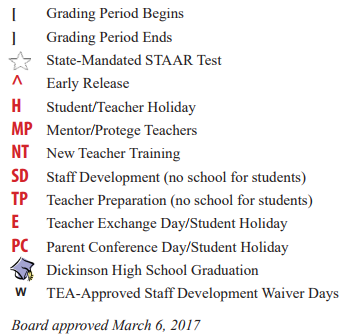 District School Academic Calendar Legend for Dunbar Middle School