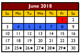 District School Academic Calendar for Donna Alternative Education Progra for June 2018