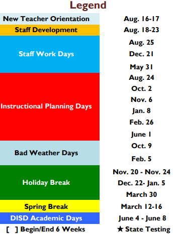 District School Academic Calendar Legend for Stainke Elementary