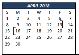 District School Academic Calendar for Weldon Hafley Development Center for April 2018