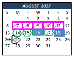 District School Academic Calendar for Weldon Hafley Development Center for August 2017