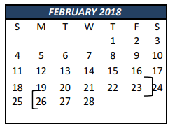 District School Academic Calendar for Tarrant Co J J A E P for February 2018