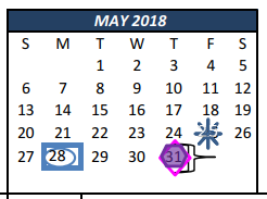 District School Academic Calendar for Weldon Hafley Development Center for May 2018