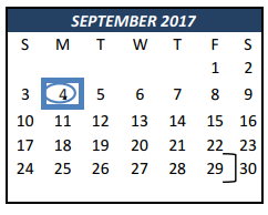 District School Academic Calendar for Weldon Hafley Development Center for September 2017