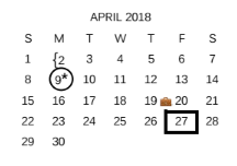 District School Academic Calendar for Student Adjustment Ctr for April 2018