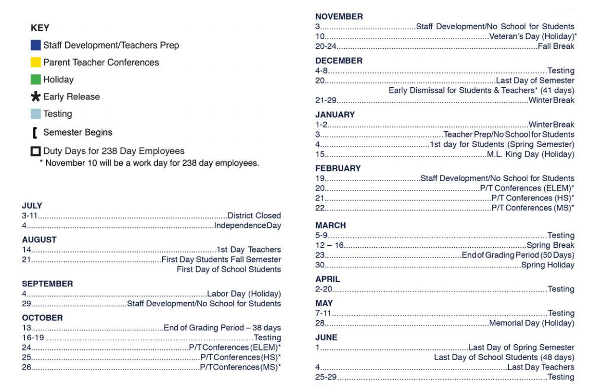 District School Academic Calendar Key for E-2 Central NE El Don't Use