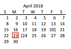 District School Academic Calendar for Acker Special Programs Center for April 2018