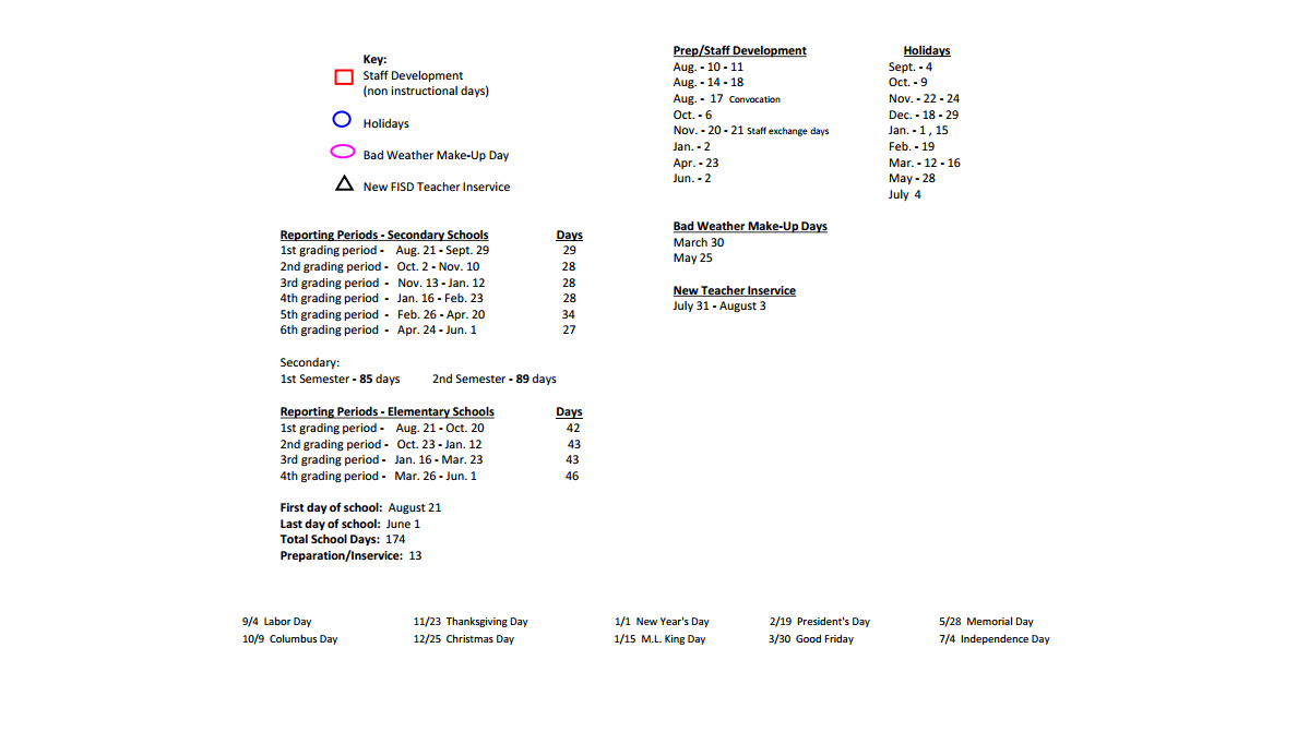 District School Academic Calendar Key for Collin Co J J A E P