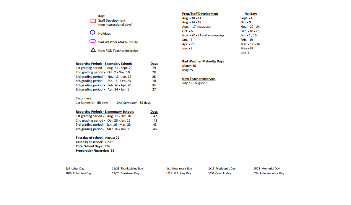 District School Academic Calendar Key for Frisco High School