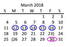 District School Academic Calendar for Pink Elementary for March 2018