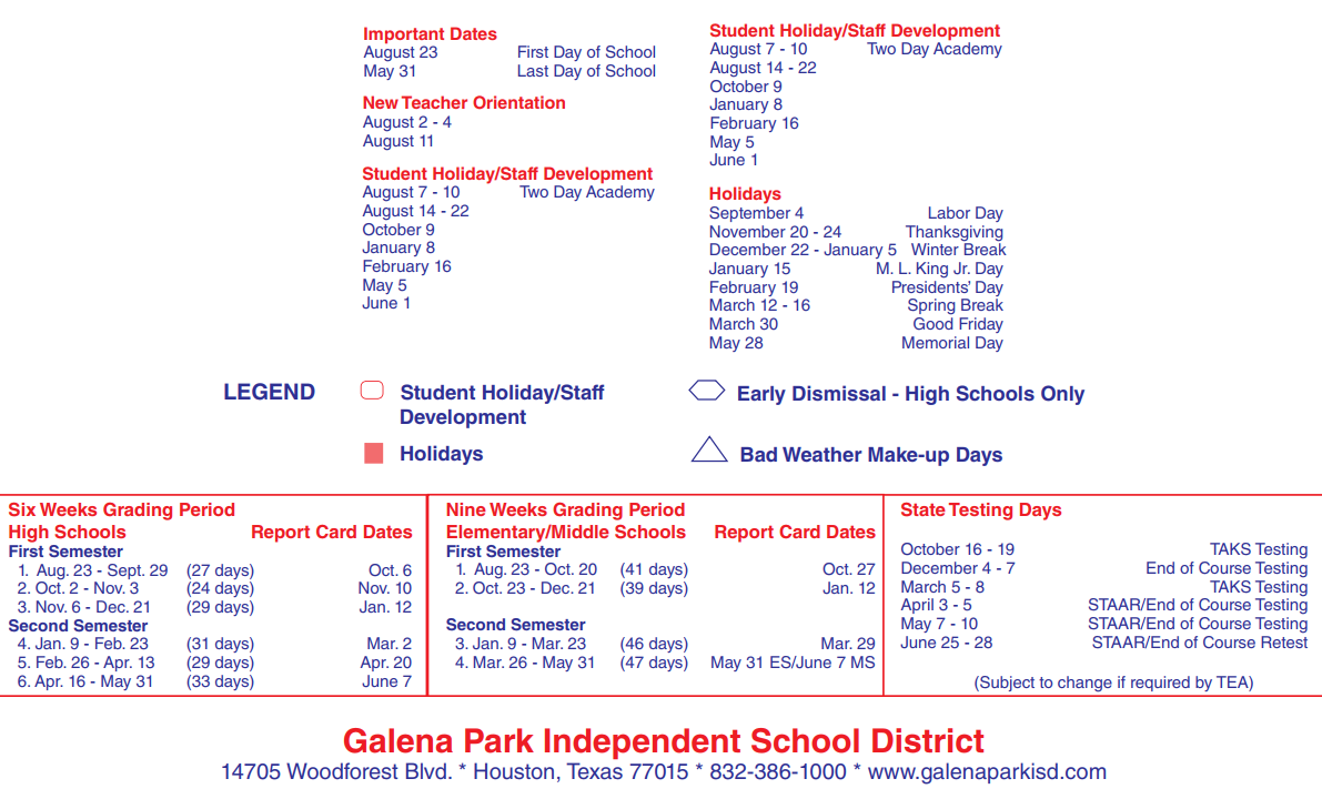 District School Academic Calendar Key for Galena Park High School