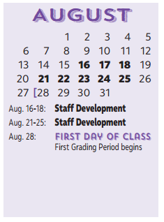 District School Academic Calendar for B G Hudson Middle for August 2017