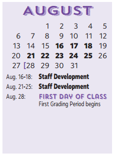 District School Academic Calendar for P I P for August 2017