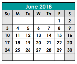 District School Academic Calendar for Wm S Lott Juvenile Ctr for June 2018