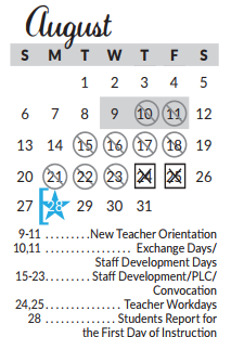 District School Academic Calendar for Excel Academy (murworth) for August 2017