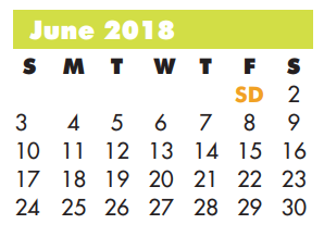 District School Academic Calendar for Sam Houston Elementary for June 2018