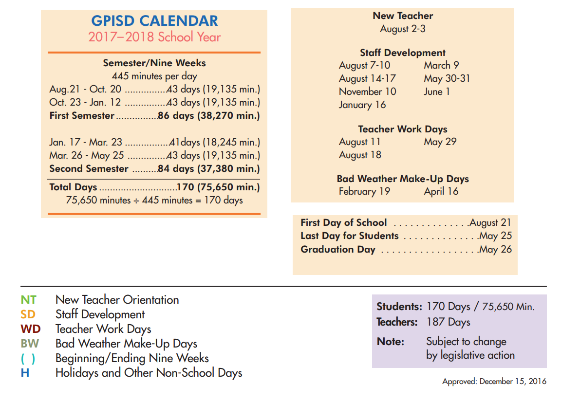 District School Academic Calendar Key for Grand Prairie High School