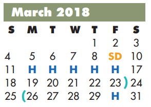 District School Academic Calendar for Dickinson Elementary for March 2018