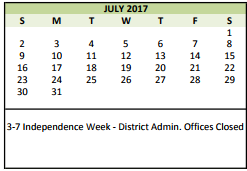 District School Academic Calendar for Colleyville Middle for July 2017