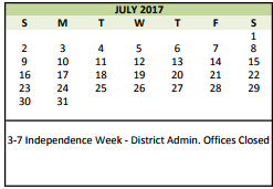 District School Academic Calendar for Grapevine Middle for July 2017