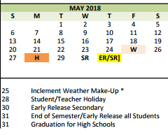 District School Academic Calendar for Taylor Elementary for May 2018