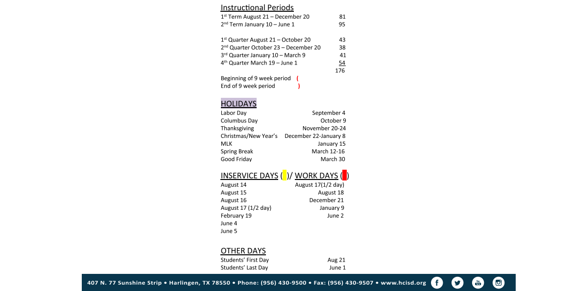 District School Academic Calendar Key for Harlingen High School - South