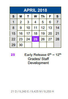 District School Academic Calendar for Negley Elementary School for April 2018