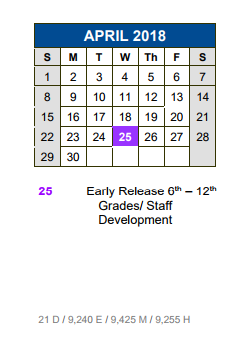 District School Academic Calendar for New El #5 for April 2018