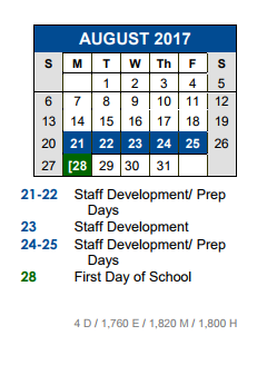 District School Academic Calendar for Negley Elementary School for August 2017