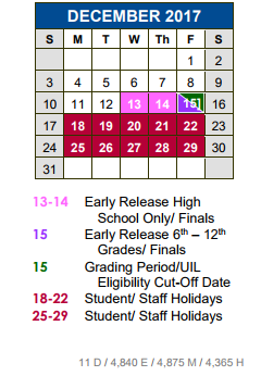 District School Academic Calendar for Jack C Hays High School for December 2017