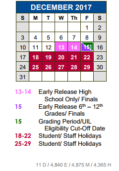 District School Academic Calendar for Hemphill Elementary School for December 2017