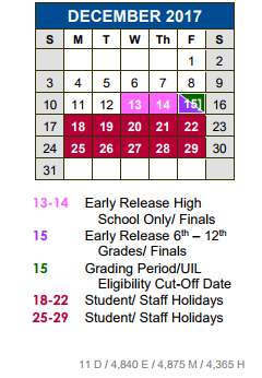 District School Academic Calendar for New El #5 for December 2017