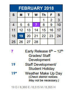 District School Academic Calendar for R C Barton Middle School for February 2018