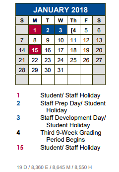 District School Academic Calendar for Kyle Elementary School for January 2018