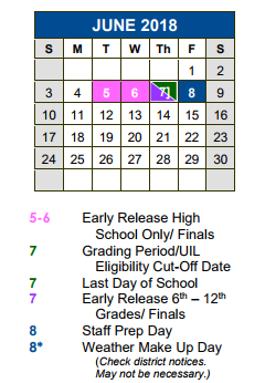 District School Academic Calendar for Blanco Vista Elementary for June 2018
