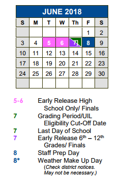 District School Academic Calendar for Kyle Elementary School for June 2018