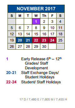 District School Academic Calendar for Dahlstrom Middle School for November 2017