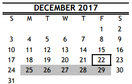 District School Academic Calendar for A A Milne Elementary for December 2017