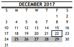 District School Academic Calendar for R D S P D for December 2017