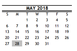 District School Academic Calendar for Pro-vision School for May 2018