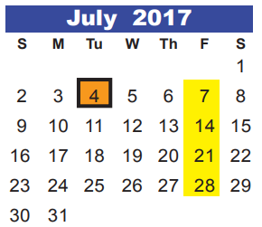 District School Academic Calendar for Shadow Forest Elementary for July 2017