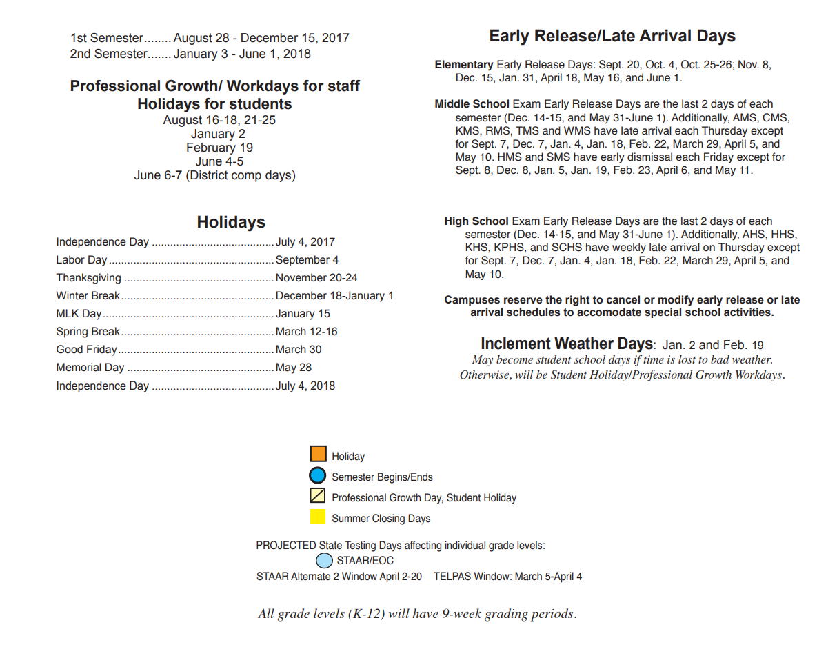 District School Academic Calendar Key for Early Learning Wing