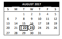 District School Academic Calendar for Transition Program for August 2017