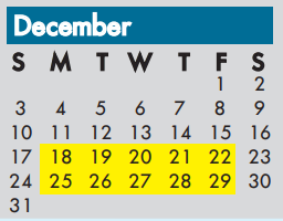 District School Academic Calendar for Union Bower Center For Learning for December 2017