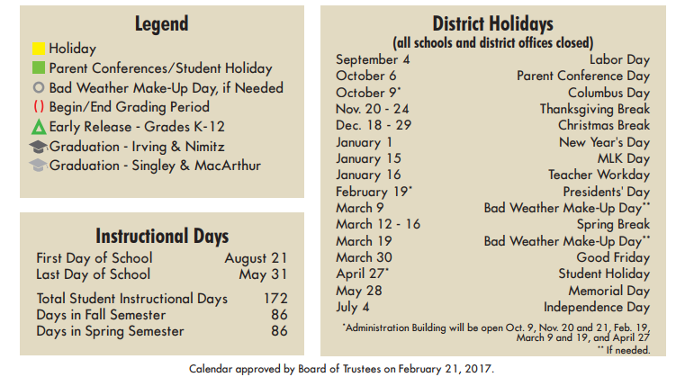 District School Academic Calendar Key for Irving High School