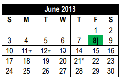 District School Academic Calendar for Kirby Middle for June 2018
