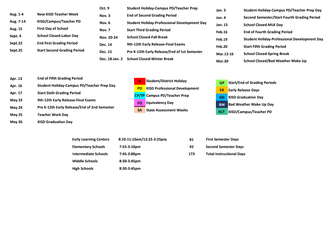 District School Academic Calendar Key for Bear Creek Intermediate